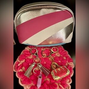 Stylish Pink and Silver Cosmetic Bag With Purse Key Chain and Bag Charms NWOT